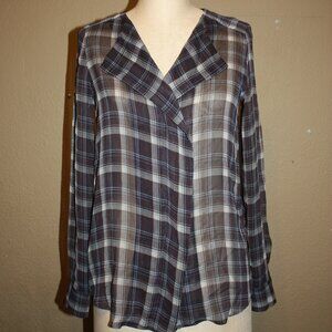 ZARA WOMAN SHEER POLYESTER BLUE PLAID LONG SLEEVE BLOUSE - XS 0 2